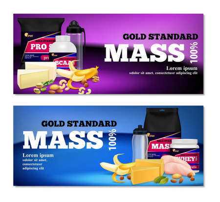 Fitness sport protein rich nutrition natural food supplements products advertising 2 horizontal realistic banners isolated vector illustrationのイラスト素材