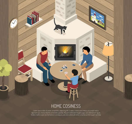 Home cosiness composition with family during playing cards near fire place isometric vector illustrationのイラスト素材