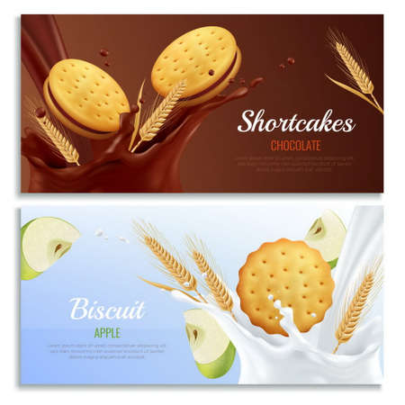 Cookies realistic horizontal banners set with apple and chocolate taste symbols isolated vector illustrationのイラスト素材