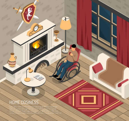 Man enjoying home cosiness in rocking chair with drink near fire place isometricのイラスト素材