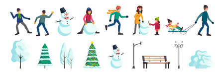Winter city flat elements set with people skating snowballs fight family making snowman christmas tree vector illustrationのイラスト素材