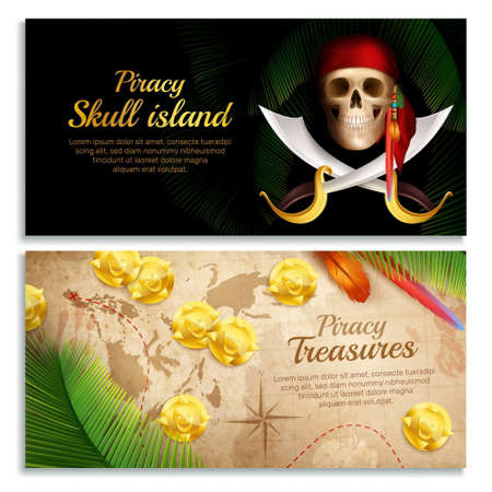 Pirate realistic horizontal banners set with treasures symbols isolated vector illustrationのイラスト素材