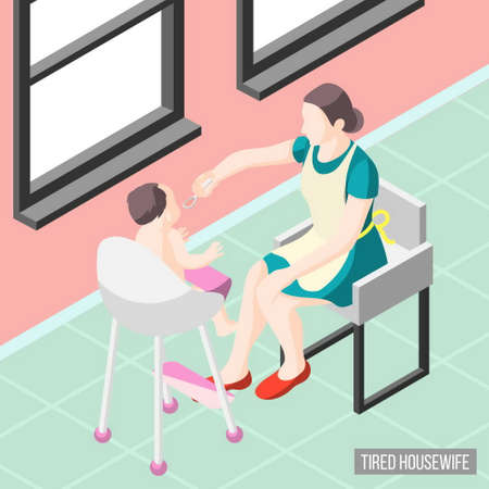 Tortured housewife isometric background with mother nursing her little child vector illustrationのイラスト素材