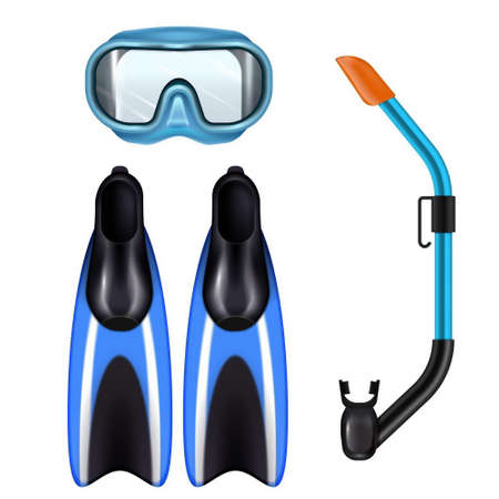 Diving accessories realistic set with snorkel breathing tube mask and flippers for underwater sport blue vector illustrationのイラスト素材