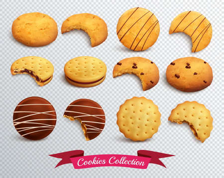 Realistic set of different form cookies whole and bitten isolated on transparent background vector illustrationのイラスト素材