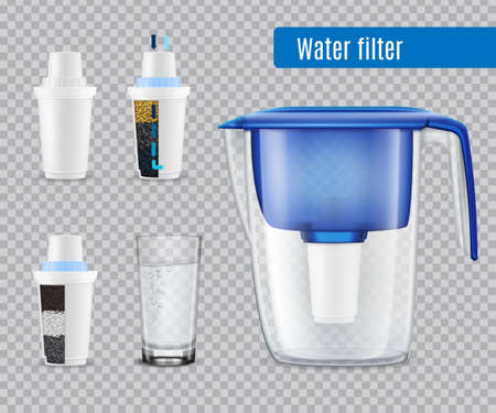 Household water filter pitcher with 3 replacement carbon cartridges and full glass realistic set transparent vector illustrationのイラスト素材