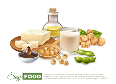 Soy food products poster with bean pods milk and meat tofu plant oil vector illustrationのイラスト素材