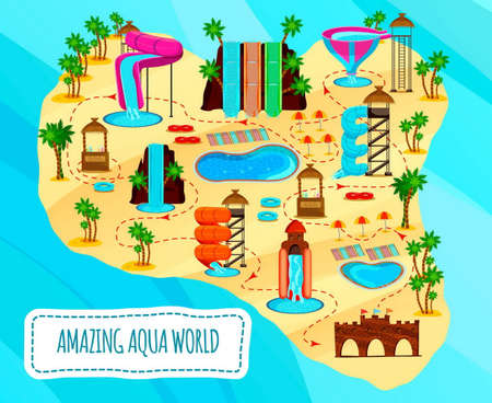 Aqua park flat scheme of entertaining objects stalls with cocktails and pools on blue background vector illustrationのイラスト素材