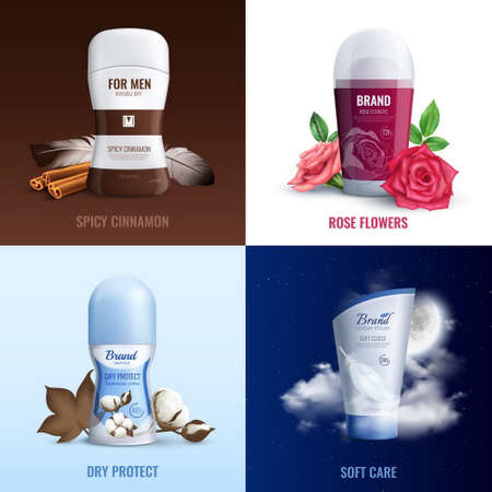 Deodorant bottles 2x2 design concept set of perfume with aroma of spicy cinnamon and rose flowers realistic vector illustrationのイラスト素材