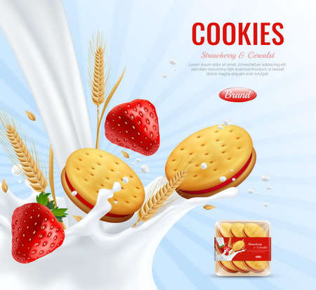 Cookies with strawberry jam layer advertising composition decorated by wheat ears and creamy spray realistic vector illustrationのイラスト素材