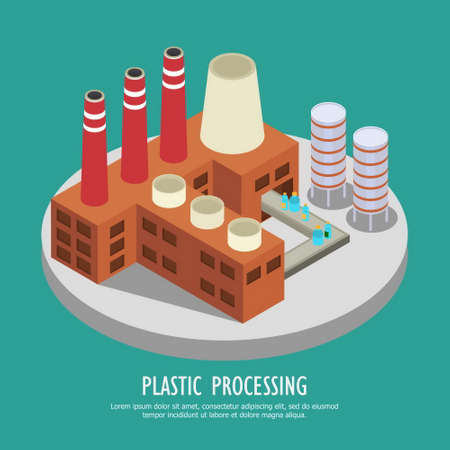 Drastic plastic isometric background with images of factory building and water bottles on continuous belt vector illustrationのイラスト素材