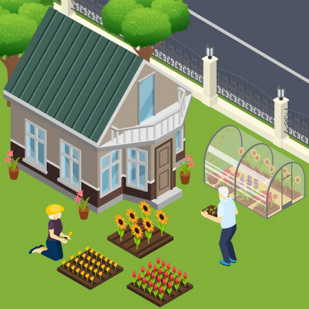 Pensioners near own home during work in garden isometric vector illustrationのイラスト素材