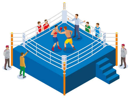 Box isometric composition with view of outdoor boxing ring with two athletes referee and fan characters vector illustrationのイラスト素材