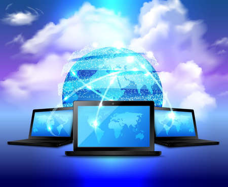 Cloud storage realistic concept with abstract digital globe and three laptop around vector illustrationのイラスト素材