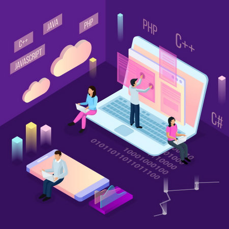 Freelance programming isometric composition with people and conceptual cloud computing icons with financial images and human characters vector illustrationのイラスト素材