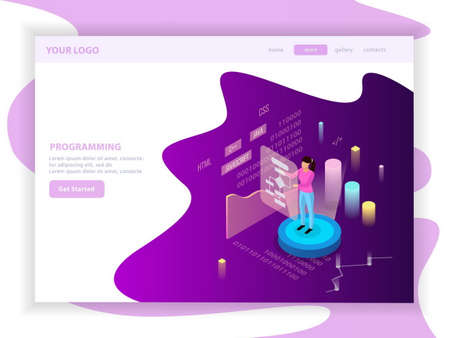 Freelance programming isometric landing page design composition with editable text and infographic images with charts vector illustrationのイラスト素材
