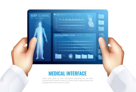 Human hands touching on tablet screen showing medical interface with hud elements realistic design concept vector illustrationのイラスト素材