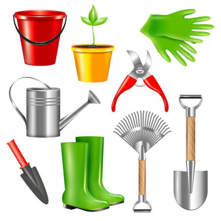 Realistic gardening tool set with isolated pieces of garden gear equipment on blankのイラスト素材