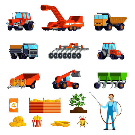 Potato cultivation flat icons set with plant and tubers pest control and agricultural vehicles isolated vector illustrationのイラスト素材