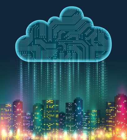 Cloud storage realistic composition with digital elements and bright lights on the city vector illustrationのイラスト素材