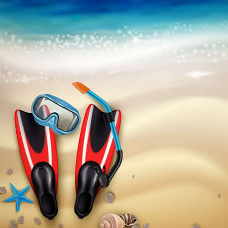 Diving accessories on tropical beach sand realistic top view with flippers snorkel mask marine creatures vector illustrationのイラスト素材