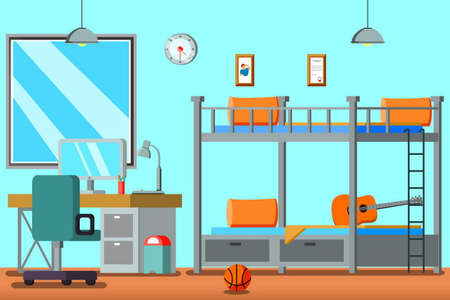 Teen room for boy flat composition with bunk bed desk with computer pictures on wall vector illustrationのイラスト素材