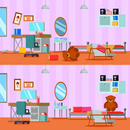 Untidy and cleaned teen room of girl in lilac orange color flat compositions isolated vector illustrationのイラスト素材