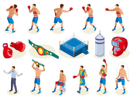 Box isometric icons collection with isolated images of boxing equipment and male human characters of athletes vector illustrationのイラスト素材