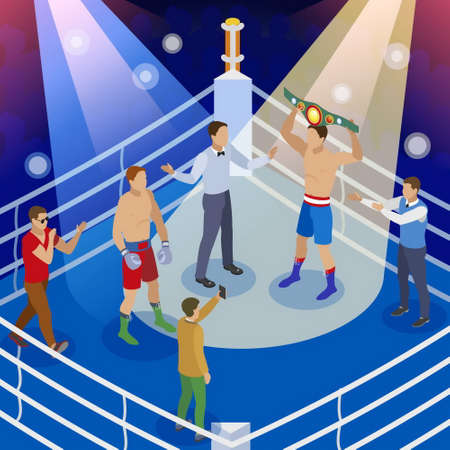 Box isometric composition with view of boxing ring with human characters of boxers referee and hosts vector illustrationのイラスト素材