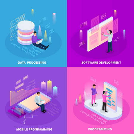 Freelance programming isometric 2x2 design concept with human icons and infographic images with editable text captions vector illustrationのイラスト素材