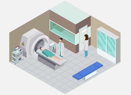 Medical equipment isometric composition with view of hospital room with people and apparatus for nuclear medicine procedure vector illustrationのイラスト素材