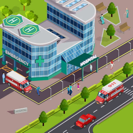 Medical equipment isometric composition with outdoor view of modern hospital building with ambulance cars and helipads vector illustrationのイラスト素材