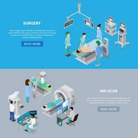 Medical equipment isometric set of two horizontal banners with read more button editable text and images vector illustrationのイラスト素材