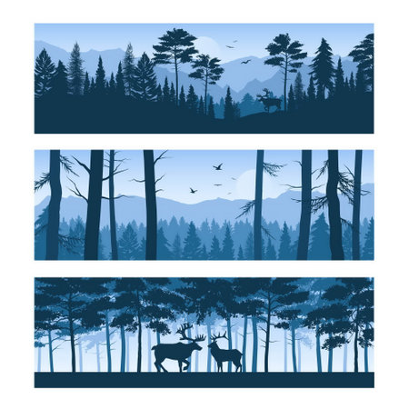 Set of horizontal banners realistic forest landscapes with deers and birds in sky isolated vector illustrationのイラスト素材