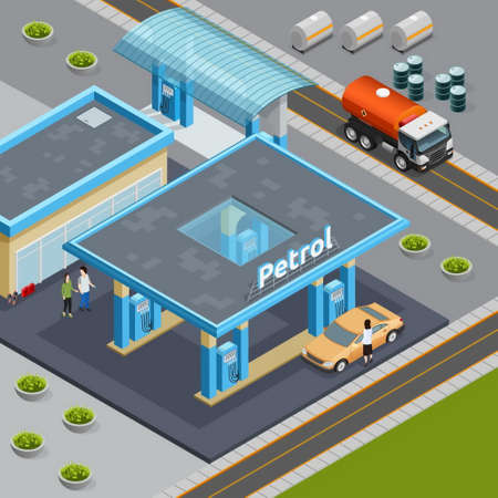 Isometric composition with truck for oil transportation near petrol station 3d vector illustrationのイラスト素材