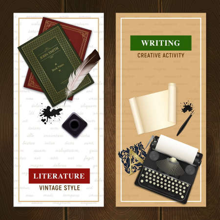 Set of vertical banners realistic vintage literature objects for writing activity and reading isolated vector illustrationのイラスト素材