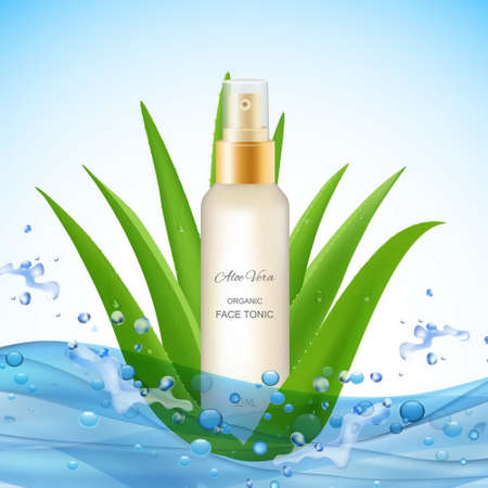 Aloe vera background with water waves drops realistic leaves of plant and organic face tonic package vector illustrationのイラスト素材