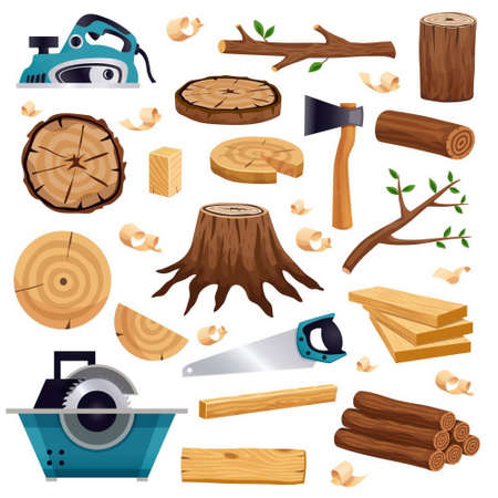 Wood industry material tools and production flat set with tree trunk logs planks saw axe vector illustrationのイラスト素材