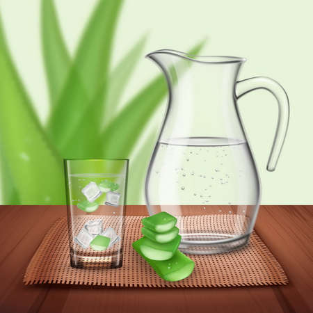 Aloe vera composition with bright water bottle and glass with pieces of natural plant and ice cubes vector illustrationのイラスト素材