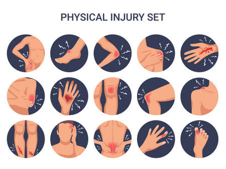 Human body physical injury round flat set with shoulder knee finger burn cut wounds isolated vector illustrationのイラスト素材