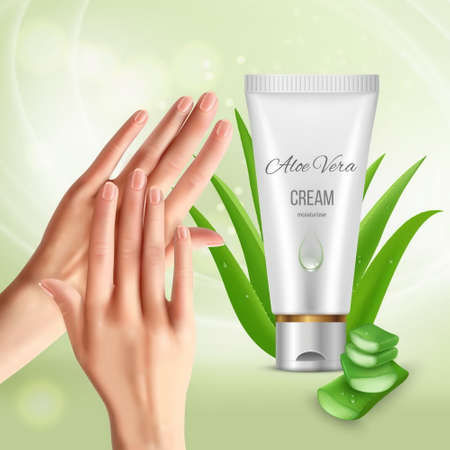 Aloe vera background with human hands inuncting cream moisturizer with images of aloe plant and tube vector illustrationのイラスト素材