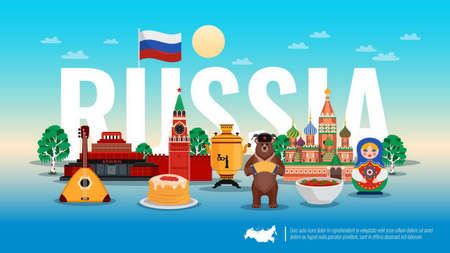 Russia travel flat horizontal composition with pancakes caviar bear borscht beet soup kremlin birch tree vector illustrationのイラスト素材