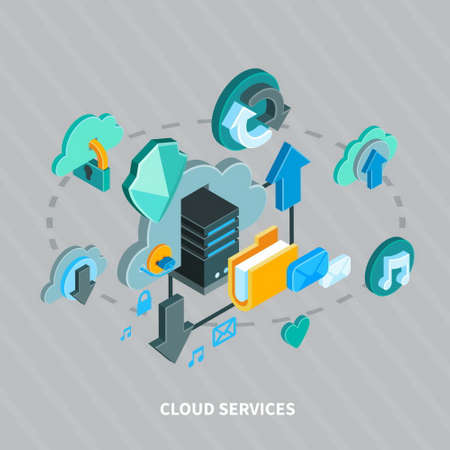 Cloud services and secure file storage isometric concept on grey background 3d vector illustrationのイラスト素材