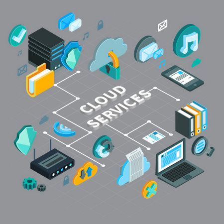 Cloud service technology flowchart with tools for file storage on grey background 3d isometric vector illustrationのイラスト素材