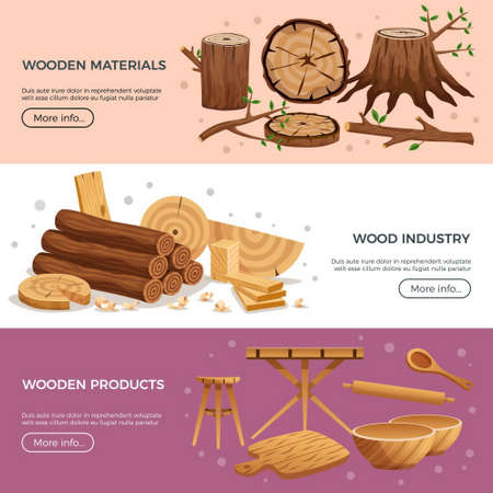 Wood industry 3 horizontal banners web page design with kitchen utensils manufactured out ecological material vector illustrationのイラスト素材