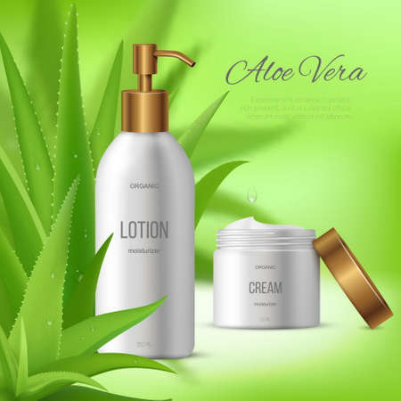 Aloe vera lotion and cream background composition with natural plant leaves and plastic packages for cosmetic products vector illustrationのイラスト素材