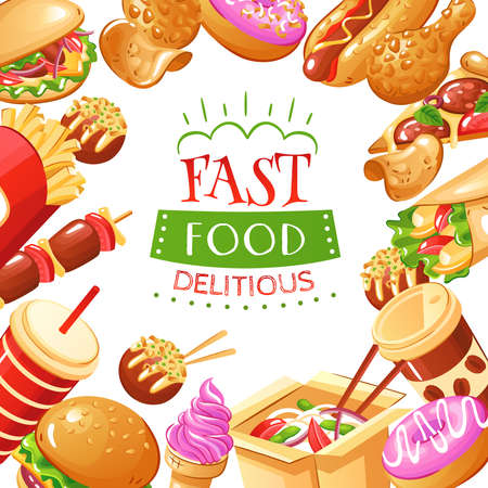 Bright fast food poster with burgers hot dogs drinks french fries pizza and desserts flat vector illustrationのイラスト素材