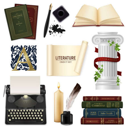 Set of realistic literature objects pens with inkwell vintage books and typewriter isolated vector illustrationのイラスト素材