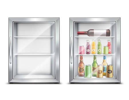 Refrigerator fridge realistic set with two isolated images of small refrigerated mini bar with glossy door vector illustrationのイラスト素材