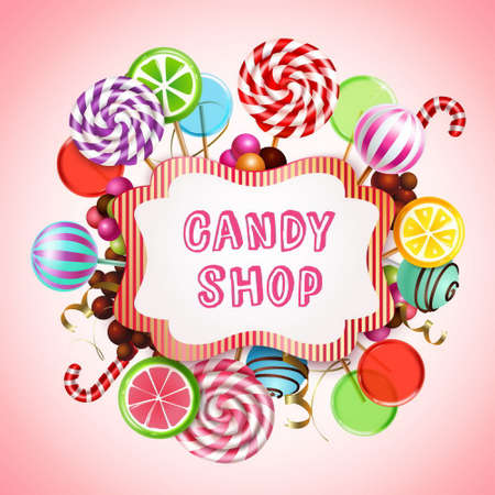 Candy shop composition with realistic images of sweet caramel products and lollies with text in frame vector illustrationのイラスト素材